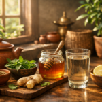 Ayurvedic lifestyle inspired Indian home kitchen with clay utensils, herbs, lemon, honey and warm water in natural morning light