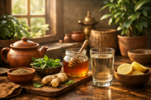 Ayurvedic lifestyle inspired Indian home kitchen with clay utensils, herbs, lemon, honey and warm water in natural morning light