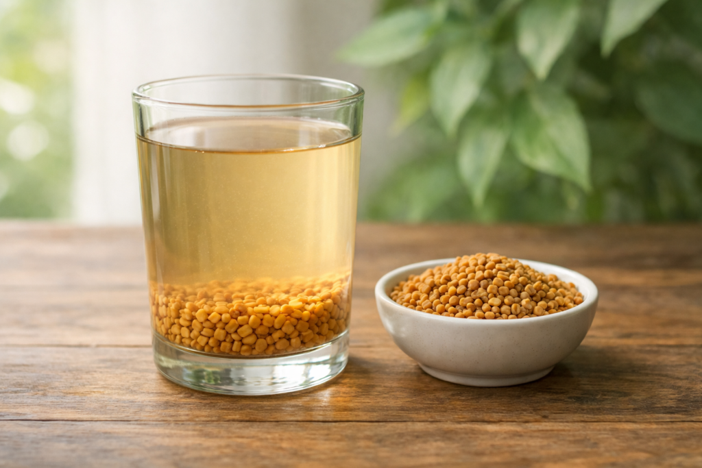 Transparent glass of soaked methi dana water with fenugreek seeds on a wooden table, ayurvedic home remedy image